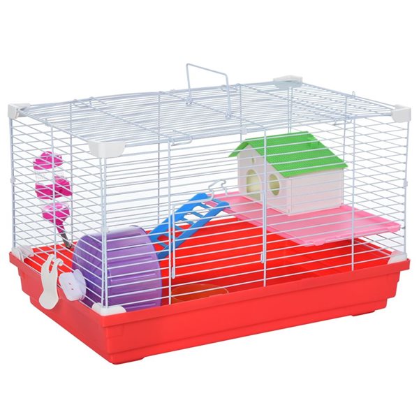 PawHut 18.5 in 2 Storey Red Hamster Cage with Exercise Wheel and Water Bottle Dishes