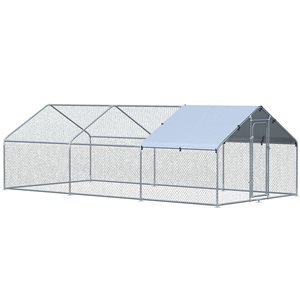 PawHut 9.8-ft x 19.7-ft Outdoor Backyard Galvanized Metal 3 Room Walk-in Chicken Coop with Waterproof UV-Protection Cover