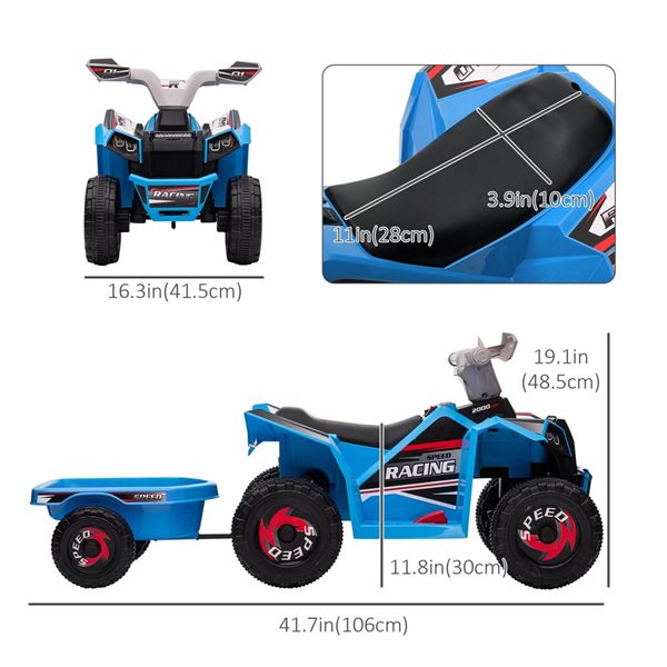 Aosom Blue 6V Kids ATV Quad with Back Trailer