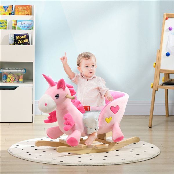 Qaba Wooden Base Pink Unicorn-Shaped Baby Rocker Chair  with Realistic Sounds and Seat Belt