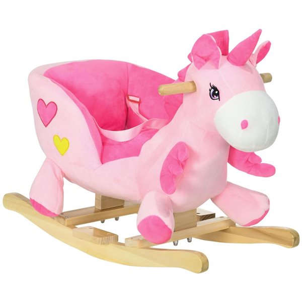 Qaba Wooden Base Pink Unicorn-Shaped Baby Rocker Chair  with Realistic Sounds and Seat Belt