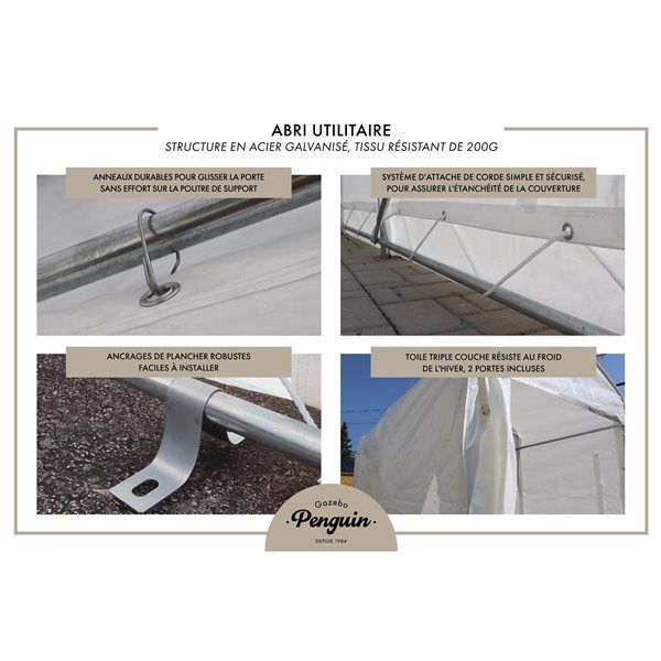 Abri utilitaire d'extérieur de Gazebo Penguin en polyéthylène tissé blanc  5x 8 pi