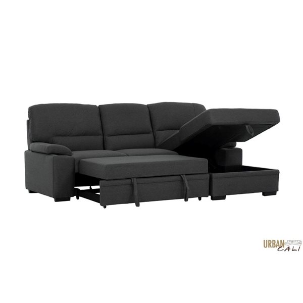 Urban Cali Anaheim II Rowen Charcoal Condo Sleeper Sectional Sofa Bed w/ Cup Holders and Storage