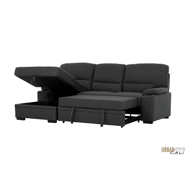 Urban Cali Anaheim II Rowen Charcoal Condo Sleeper Sectional Sofa Bed w/ Cup Holders and Storage