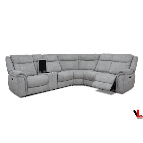 Levoluxe Braun Tweed Ash Corner Sectional Sofa w/ Console, Power Recliners, and Power Headrests