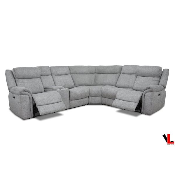 Levoluxe Braun Tweed Ash Corner Sectional Sofa w/ Console, Power Recliners, and Power Headrests