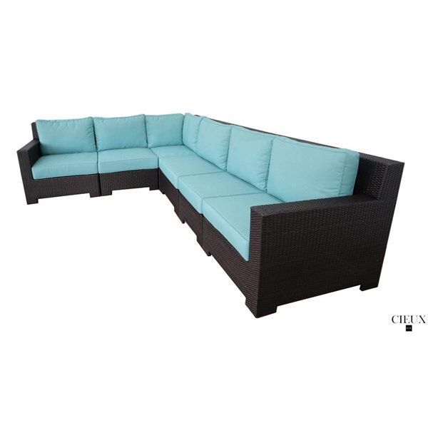 CIEUX Provence Outdoor Patio Wicker Rattan Modular L-Shaped Sectional Sofa in Blue