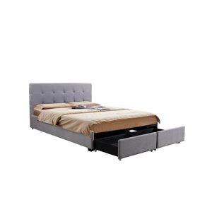 True Contemporary Victoria Grey Tufted Linen King Platform Bed with Two Storage Drawers