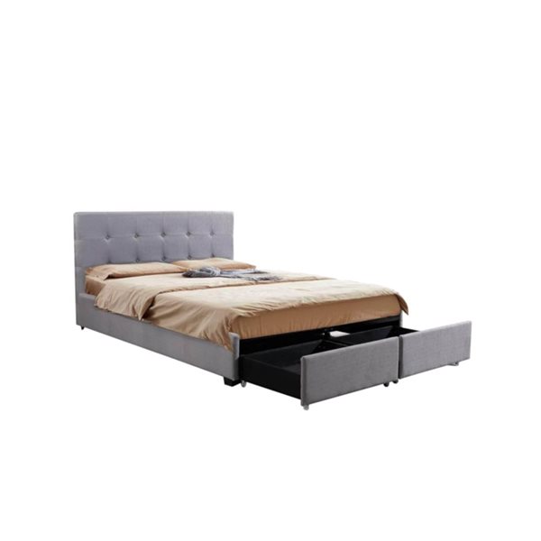 True Contemporary Victoria Grey Tufted Linen Queen Platform Bed with Two Storage Drawers