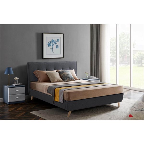 True Contemporary Drew Dark Grey Tufted Linen Queen Platform Bed