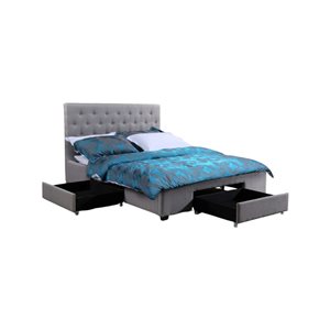 True Contemporary Charlotte Grey Tufted Linen Full Platform Bed with Three Storage Drawers