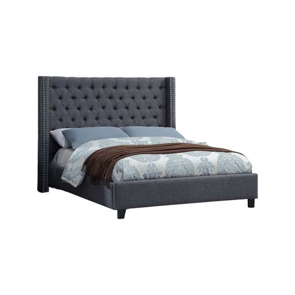 True Contemporary Belle Grey Linen Tufted Wingback Queen Platform Bed ...