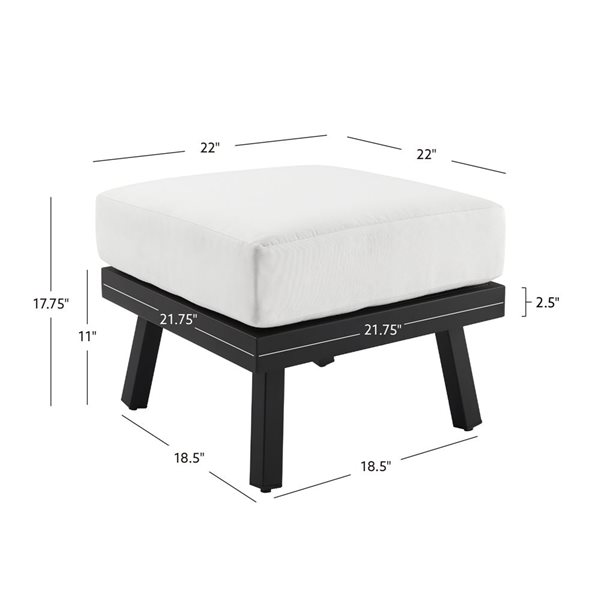 Pouf d'extérieur carré 22 po Arkona par Linon Home Decor cadre aluminium noir et coussin blanc