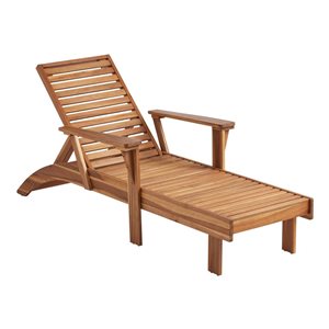 Linon Home Decor Coyle Natural Wooden Outdoor Reclining Lounge Chair with Beige Cushion