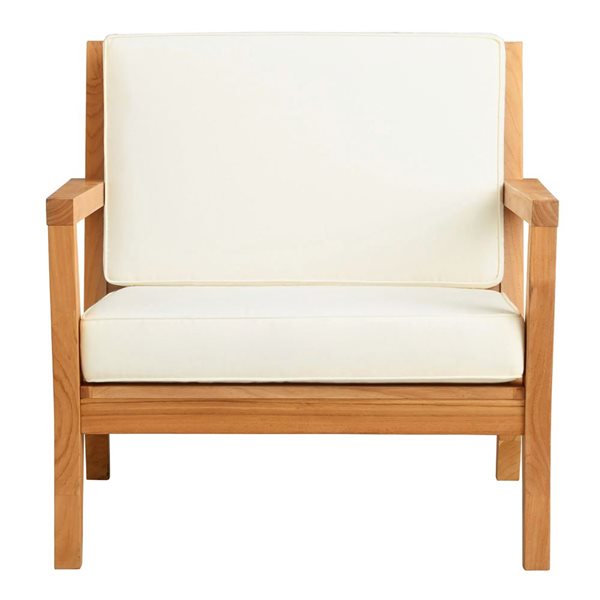 Fauteuil d'extérieur Sarandon par Linon Home Decor en teck avec coussins blanc cassé