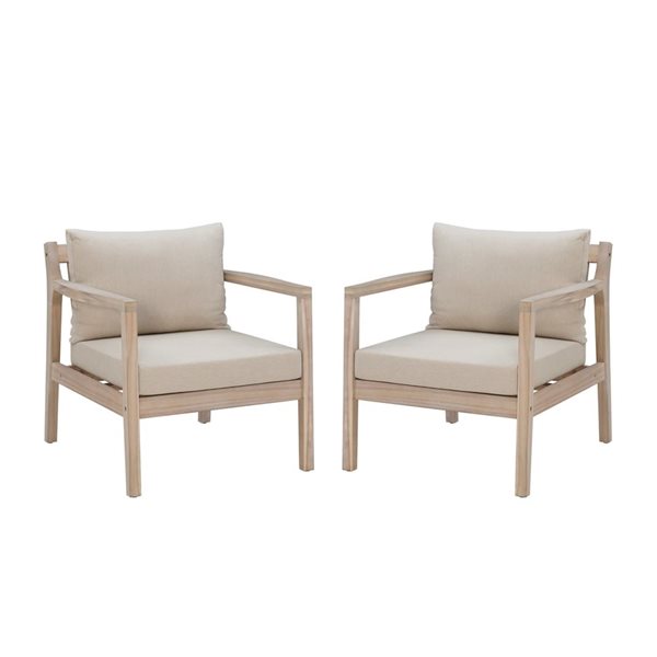 Linon Home Decor Socha Natural Wooden Outdoor Side Chairs with Beige Seat Cushions - Set of 2