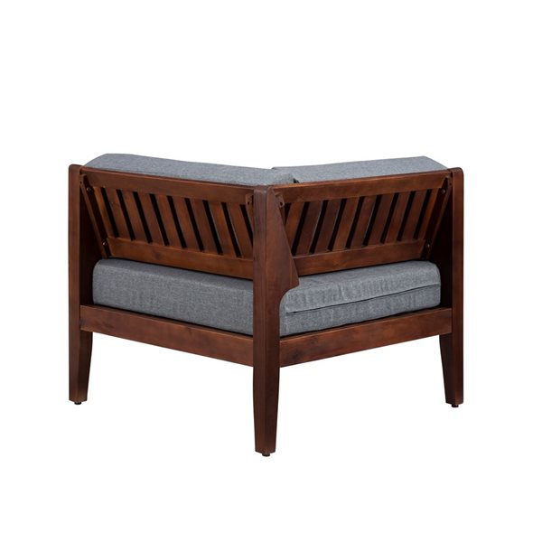 Linon Home Decor Dempsey Grove Walnut Finish Wooden Outdoor Corner Chair with Grey Seat Cushions