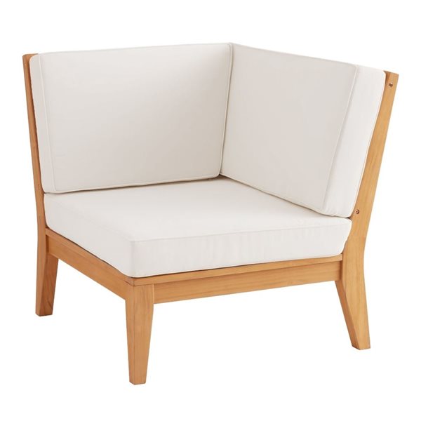 Chaise d'angle d'extérieur Nalbandian par Linon Home Decor en teck naturel et coussins blanc cassé