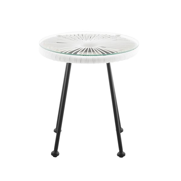 Table d'appoint Athol ronde d'extérieur par Linon Home Decor métal/osier/verre 16,75 diamètre x 18,25 po h., blanc/noir