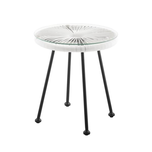 Table d'appoint Athol ronde d'extérieur par Linon Home Decor métal/osier/verre 16,75 diamètre x 18,25 po h., blanc/noir