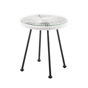 Table d'appoint Athol ronde d'extérieur par Linon Home Decor métal/osier/verre 16,75 diamètre x 18,25 po h., blanc/noir