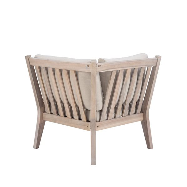 Linon Home Decor Socha Natural Wooden Outdoor Corner Chair with Beige Seat Cushions