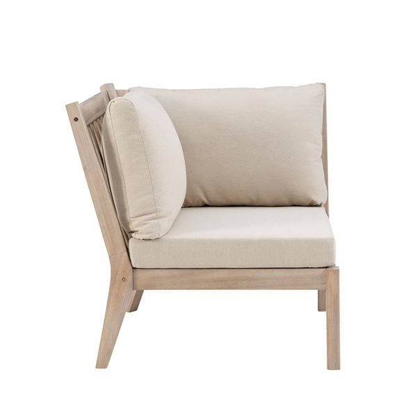 Linon Home Decor Socha Natural Wooden Outdoor Corner Chair with Beige Seat Cushions