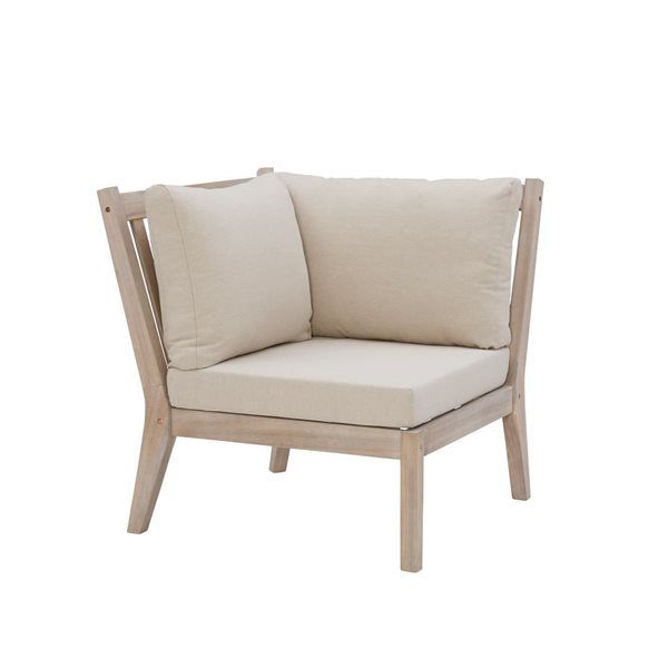 Linon Home Decor Socha Natural Wooden Outdoor Corner Chair with Beige Seat Cushions