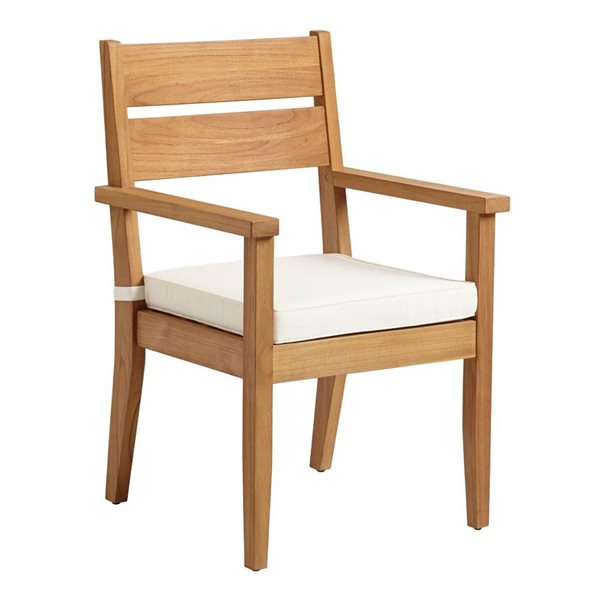 Linon Home Decor Sarandon Teak Wooden Outdoor Dining Armchair with Off-White Seat Cushion