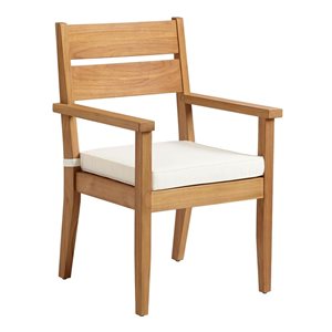 Linon Home Decor Sarandon Teak Wooden Outdoor Dining Armchair with Off-White Seat Cushion