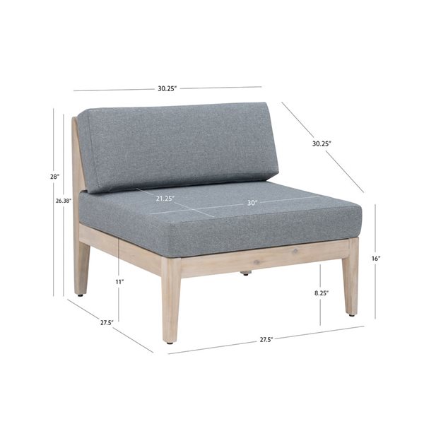 Chaise de centre en bois pour extérieur Dempsey Grove pas Linon Home Decor fini naturel et coussins gris