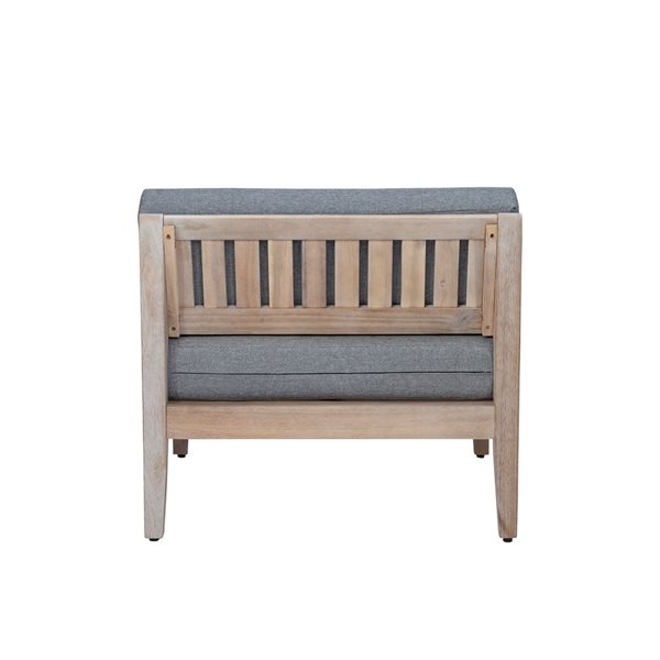 Chaise de centre en bois pour extérieur Dempsey Grove pas Linon Home Decor fini naturel et coussins gris