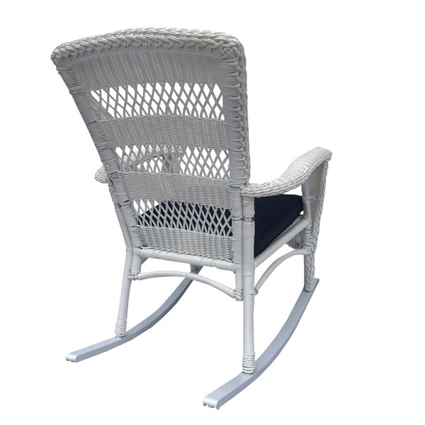 Northlight 42in White Resin Wicker Rocker Chair with Blue Cushion
