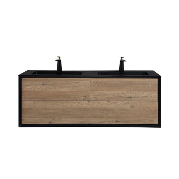 GEF Floy 60-in Black and Rough Oak Double Sink Freestanding Vanity with Black Engineered Quartz Top and Open Shelf