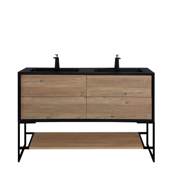 GEF Floy 60-in Black and Rough Oak Double Sink Freestanding Vanity with Black Engineered Quartz Top and Open Shelf