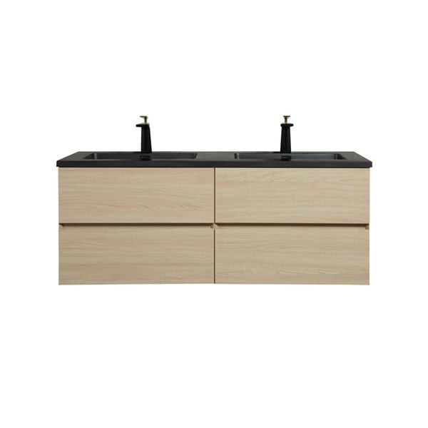 Meuble-lavabo double autoportant Sadie GEF 60 po fini blé à comptoir en composite de quartz noir et étagère ouverte