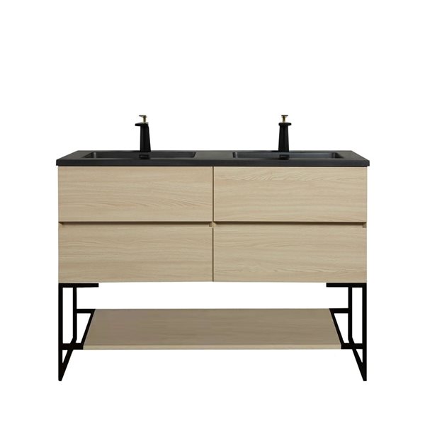 GEF Sadie 60-in Wheat Double Sink Freestanding Vanity with Black Engineered Quartz Top and Open Shelf