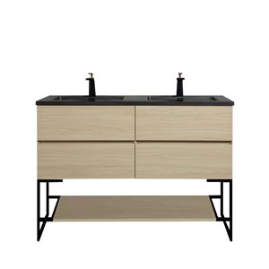 GEF Sadie 60-in Wheat Double Sink Freestanding Vanity with Black Engineered Quartz Top and Open Shelf