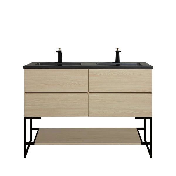 Meuble-lavabo double autoportant Sadie GEF 60 po fini blé à comptoir en composite de quartz noir et étagère ouverte