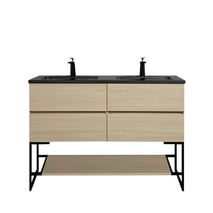 Meuble-lavabo double autoportant Sadie GEF 60 po fini blé à comptoir en composite de quartz noir et étagère ouverte