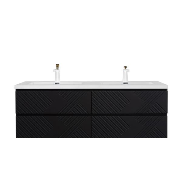 GEF Rylee 72-in Matte Black Double Sink Freestanding Vanity with Glossy White Polymarble Top and Open Shelf