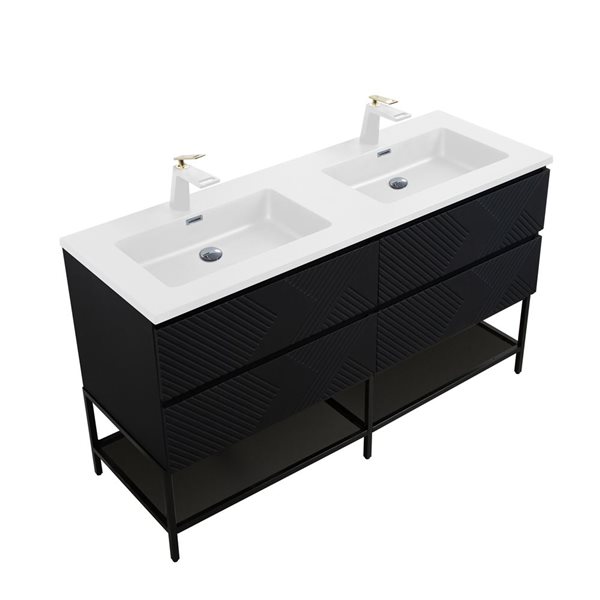 GEF Rylee 72-in Matte Black Double Sink Freestanding Vanity with Glossy White Polymarble Top and Open Shelf