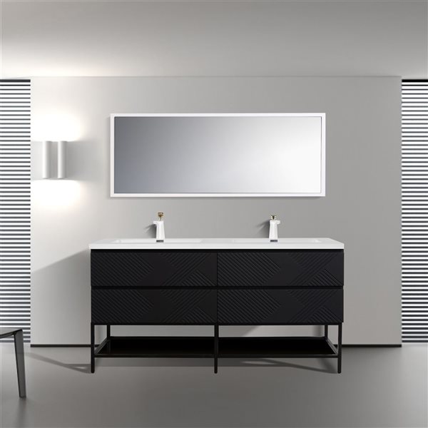 GEF Rylee 72-in Matte Black Double Sink Freestanding Vanity with Glossy White Polymarble Top and Open Shelf