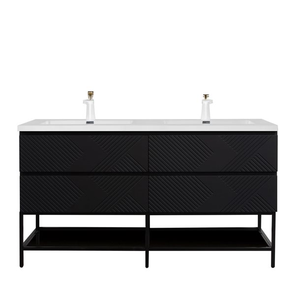 Meuble-lavabo double autoportant Rylee GEF noir mat comptoir marbre synthétique blanc lustré 72 po et étagère ouverte