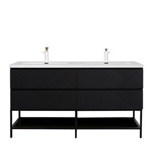 Meuble-lavabo double autoportant Rylee GEF noir mat comptoir marbre synthétique blanc lustré 72 po et étagère ouverte