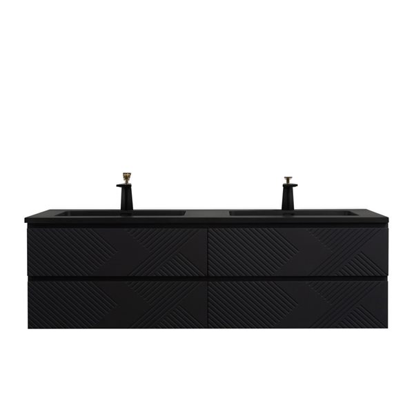 Meuble-lavabo autoportant double Rylee GEF noir matr à comptoir composite de quartz noir et étagère ouvert 72 po