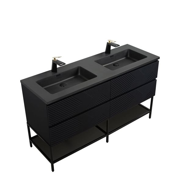 Meuble-lavabo autoportant double Rylee GEF noir matr à comptoir composite de quartz noir et étagère ouvert 72 po