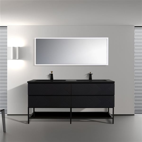 Meuble-lavabo autoportant double Rylee GEF noir matr à comptoir composite de quartz noir et étagère ouvert 72 po