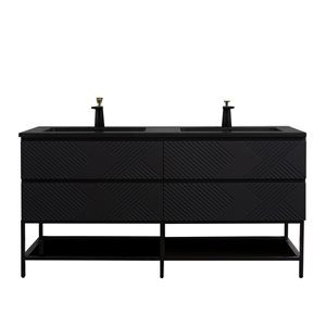 GEF Rylee 72-in Matte Black Double Sink Freestanding Vanity with Black Engineered Quartz Top and Open Shelf