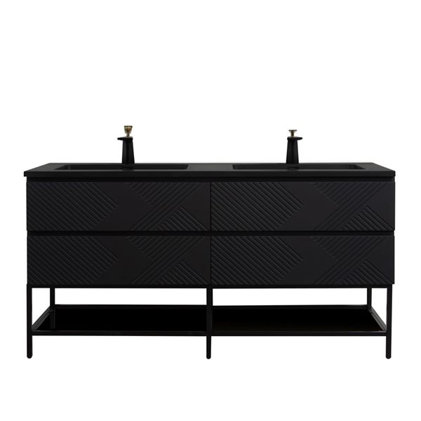 Meuble-lavabo autoportant double Rylee GEF noir matr à comptoir composite de quartz noir et étagère ouvert 72 po